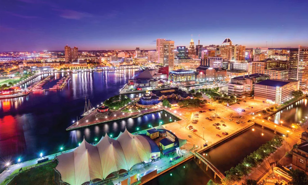 مشخصات برجسته شهر بالتیمور (Baltimore) در ایالت مریلند.